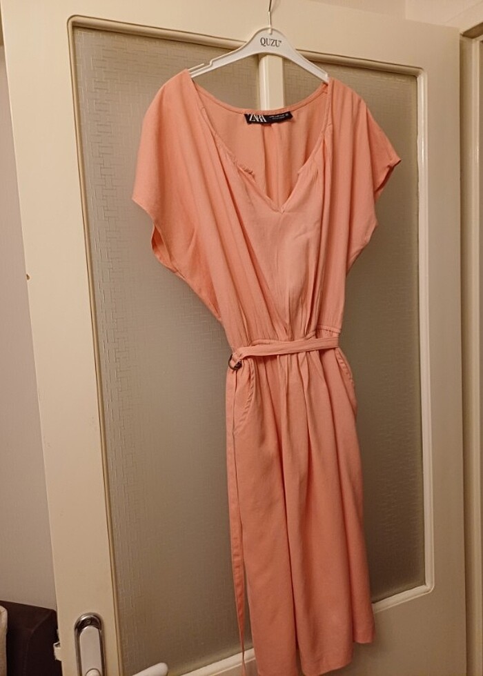 Zara xs somon renk tülbent kumaş astarlı pamuklu günlük elbise - Görsel 2