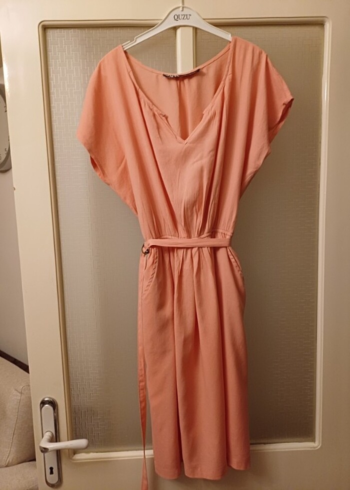 Zara xs somon renk tülbent kumaş astarlı pamuklu günlük elbise - Görsel 4