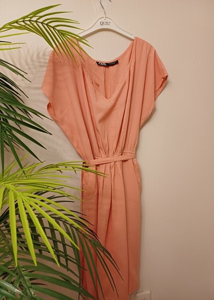 Zara xs somon renk tülbent kumaş astarlı pamuklu günlük elbise - Görsel 5