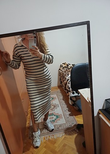zara siyah bej çizgili ince triko elbise m beden - Görsel 6