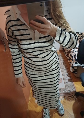zara siyah bej çizgili ince triko elbise m beden - Görsel 7