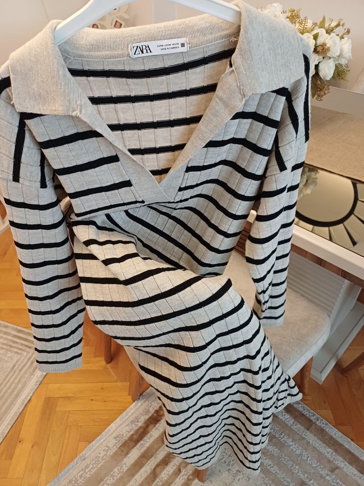 zara siyah bej çizgili ince triko elbise m beden - Görsel 2