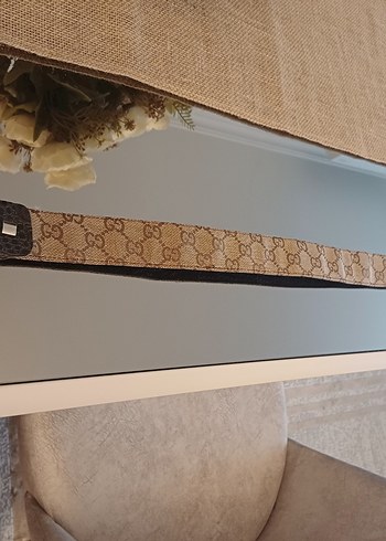 gucci baskılı keten kumaş kahve deri aksesuarlı tokalı kemer - Görsel 5