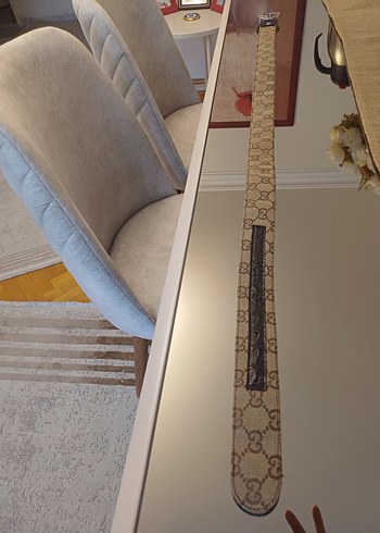 gucci baskılı keten kumaş kahve deri aksesuarlı tokalı kemer - Görsel 3