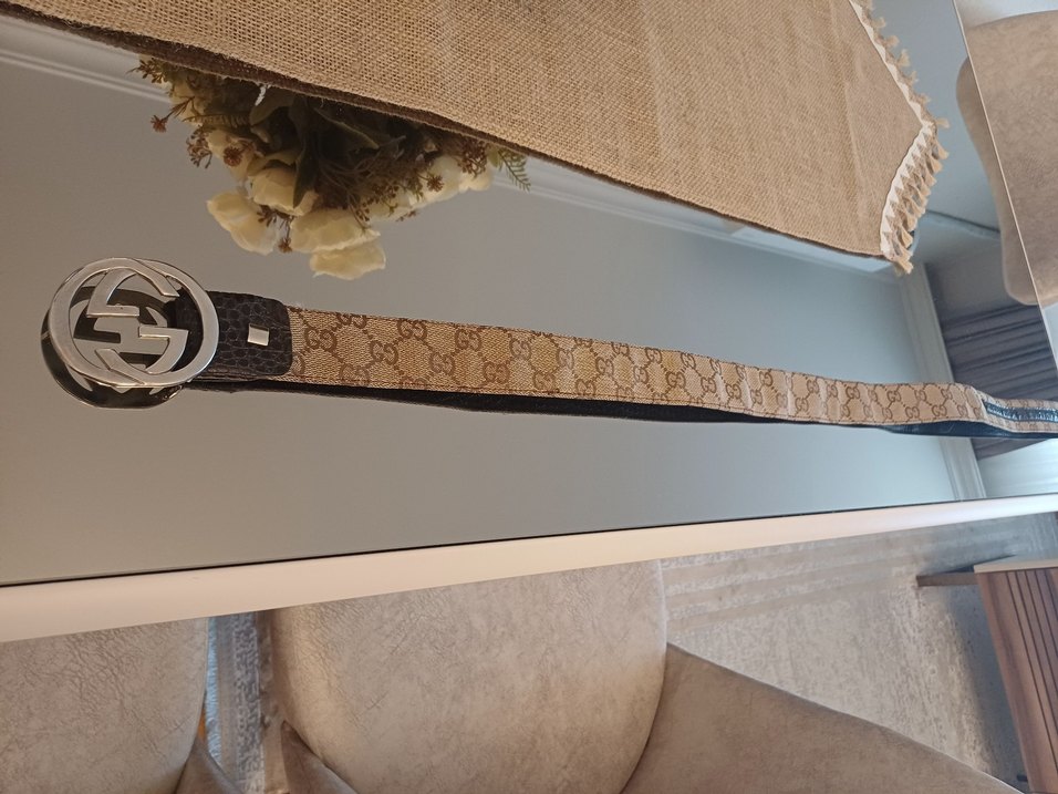 gucci baskılı keten kumaş kahve deri aksesuarlı tokalı kemer - Görsel 5