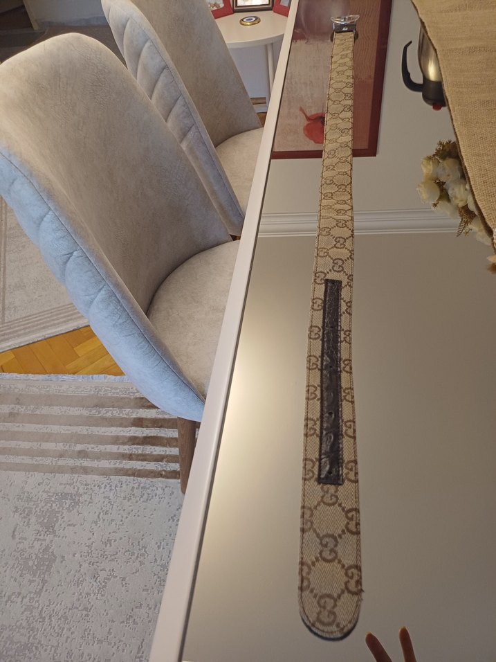 gucci baskılı keten kumaş kahve deri aksesuarlı tokalı kemer - Görsel 3