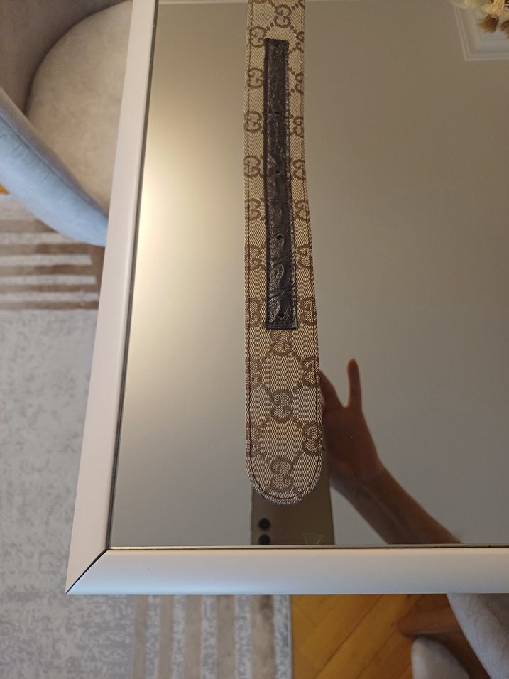 gucci baskılı keten kumaş kahve deri aksesuarlı tokalı kemer - Görsel 4