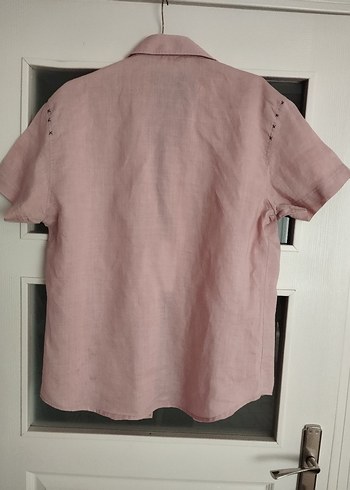 Düğmeli Kısa Kollu Vintage Keten Gömlek - Görsel 2