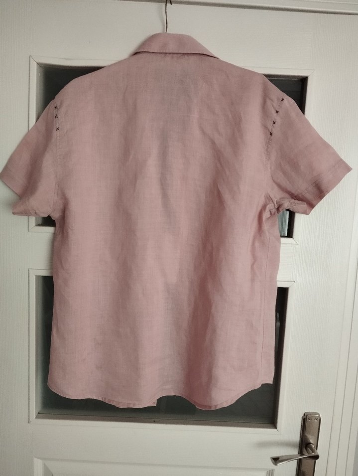 Düğmeli Kısa Kollu Vintage Keten Gömlek - Görsel 2