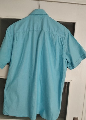 Erkek turkuazi Kısa Kollu Keten Gömlek - Görsel 2