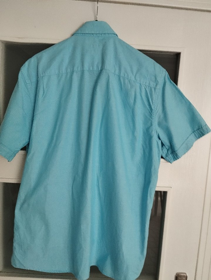 Erkek turkuazi Kısa Kollu Keten Gömlek - Görsel 2
