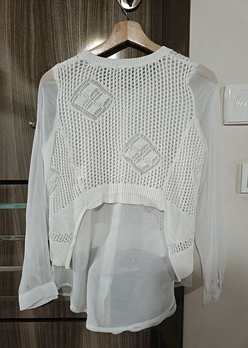 Beyaz Örgü Detaylı Uzun Kollu Kadın Kazak - Görsel 4