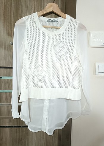 Beyaz Örgü Detaylı Uzun Kollu Kadın Kazak - Görsel 2