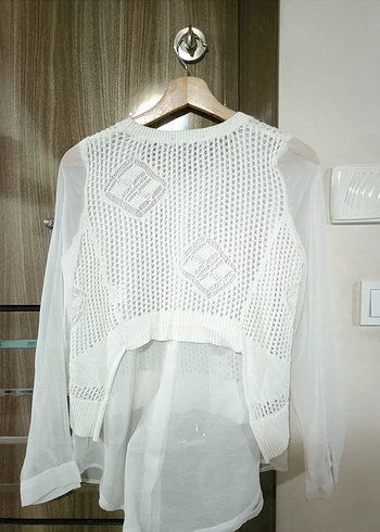 Beyaz Örgü Detaylı Uzun Kollu Kadın Kazak - Görsel 3