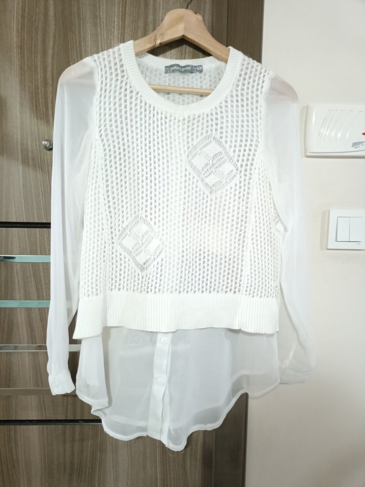 Beyaz Örgü Detaylı Uzun Kollu Kadın Kazak - Görsel 2