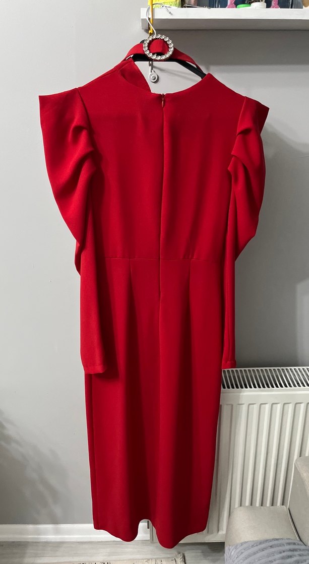 Kırmızı Drapeli Uzun Kollu Kadın Elbise - Görsel 4