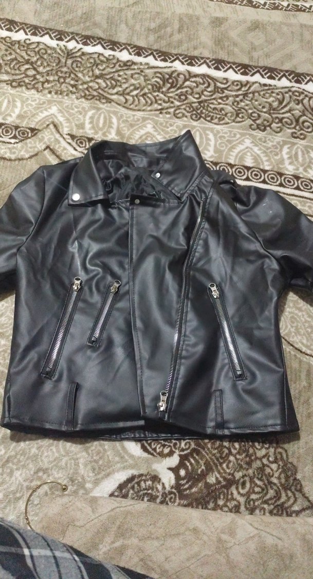 Siyah Parlak Mini Deri Biker Ceket kemeri yoktur - Görsel 2