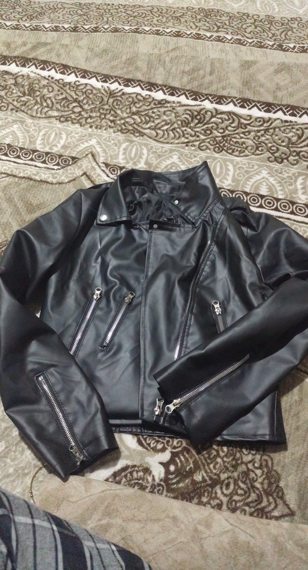 Siyah Parlak Mini Deri Biker Ceket kemeri yoktur - Görsel 5