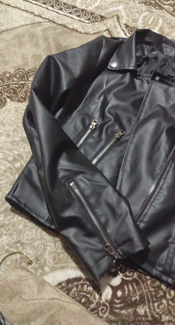 Siyah Parlak Mini Deri Biker Ceket kemeri yoktur - Görsel 3