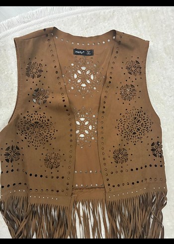 Kahverengi Nakışlı Uzun Süet Yelek - Görsel 3