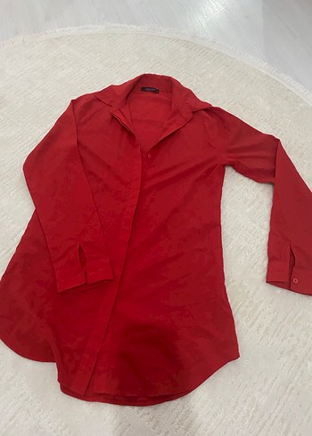 Kırmızı V Yakalı Uzun Kollu Kadın Gömlek - Görsel 2