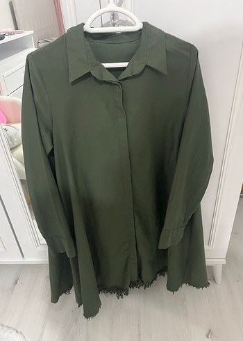 Uzun Kollu, Düğmeli Haki Kadın Gömlek tunik - Görsel 3