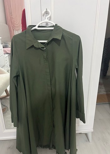 Uzun Kollu, Düğmeli Haki Kadın Gömlek tunik - Görsel 2