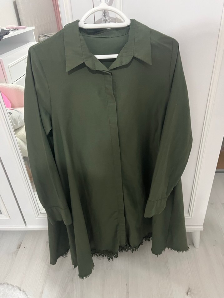 Uzun Kollu, Düğmeli Haki Kadın Gömlek tunik - Görsel 3