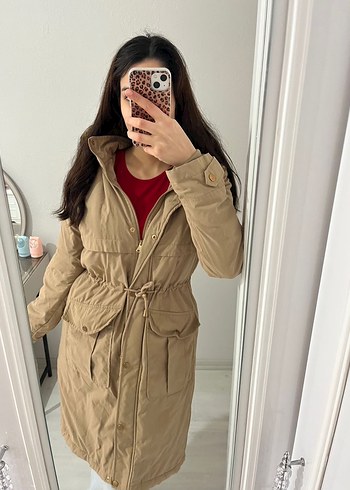 Kapüşonlu Krem Kadın Uzun mont  koltuk altı sökük sadece - Görsel 7