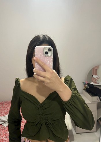 Düğmeli, Uzun Kollu Haki Midi bluz - Görsel 2