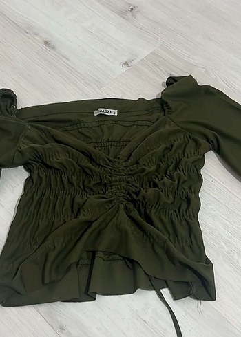 Düğmeli, Uzun Kollu Haki Midi bluz - Görsel 3