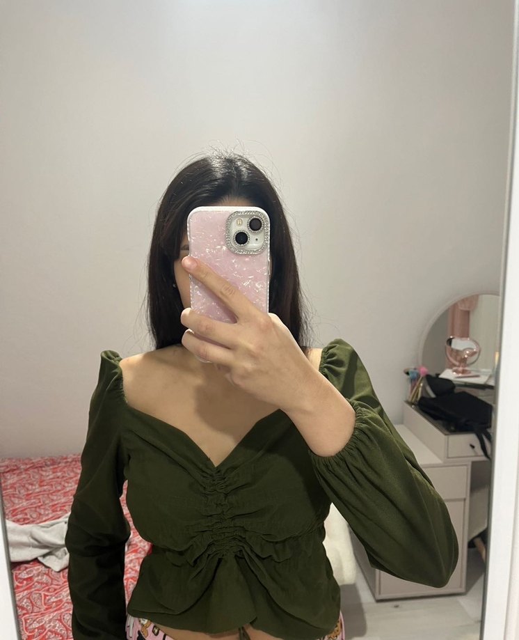 Düğmeli, Uzun Kollu Haki Midi bluz - Görsel 2