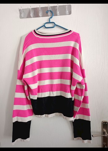 Pembe Beyaz Çizgili Triko Kadın Kazak - Görsel 2