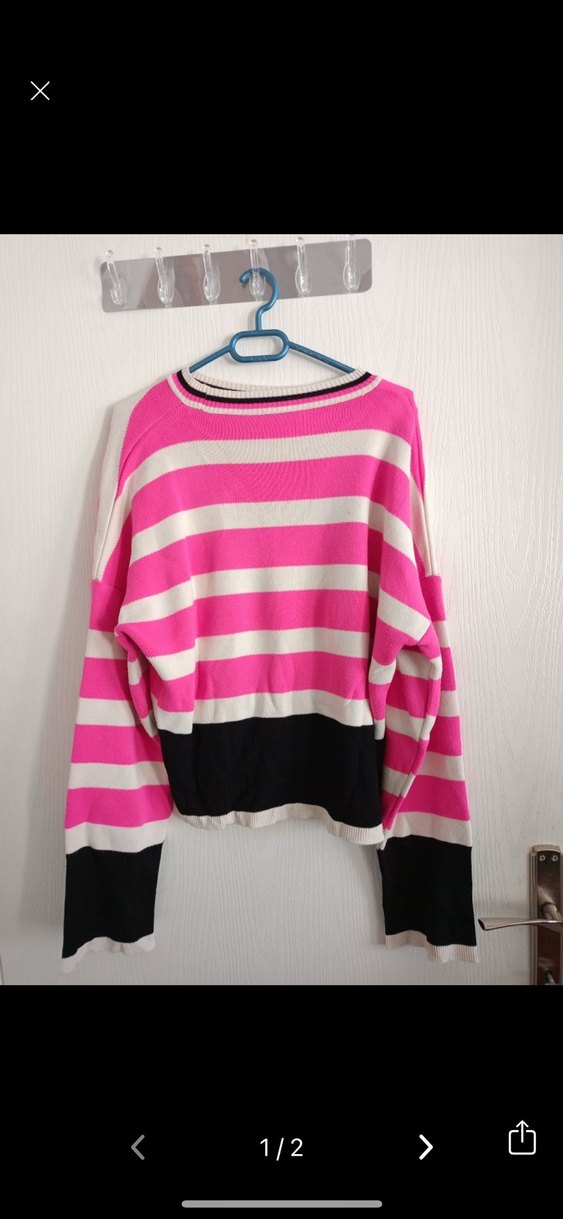 Pembe Beyaz Çizgili Triko Kadın Kazak - Görsel 2