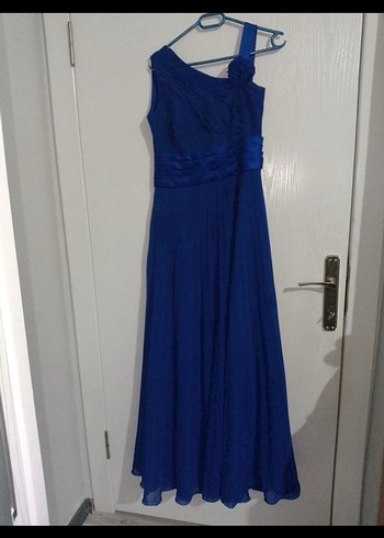 Mavi Straplez Uzun Drapeli Abiye Elbise - Görsel 3