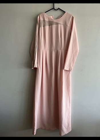 Düğmeli Pudra Pembe Kadın Uzun Elbise - Görsel 2