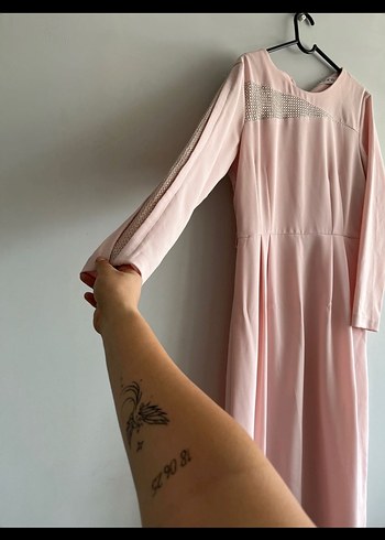 Düğmeli Pudra Pembe Kadın Uzun Elbise - Görsel 3