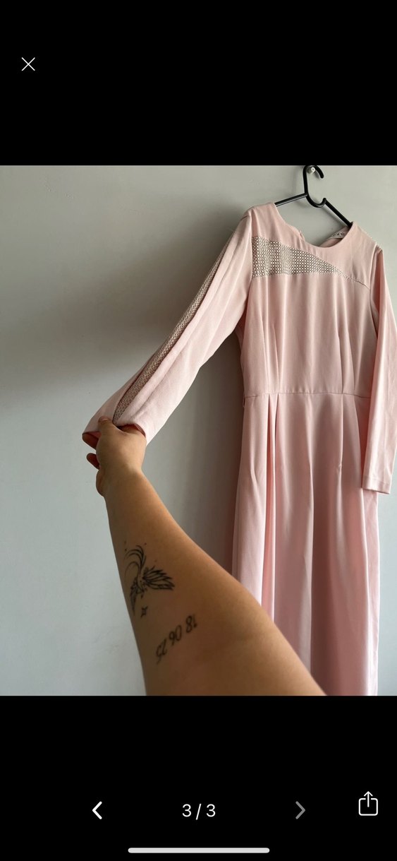 Düğmeli Pudra Pembe Kadın Uzun Elbise - Görsel 3