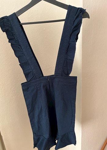 Kadın Lacivert Fırfırlı Askılı Midi Denim Salopet - Görsel 4