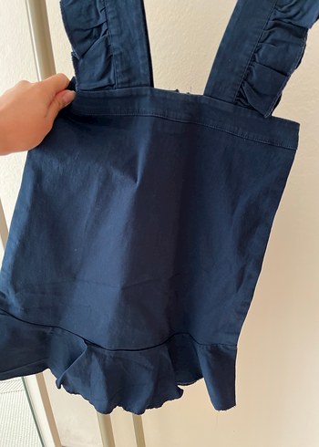 Kadın Lacivert Fırfırlı Askılı Midi Denim Salopet - Görsel 2