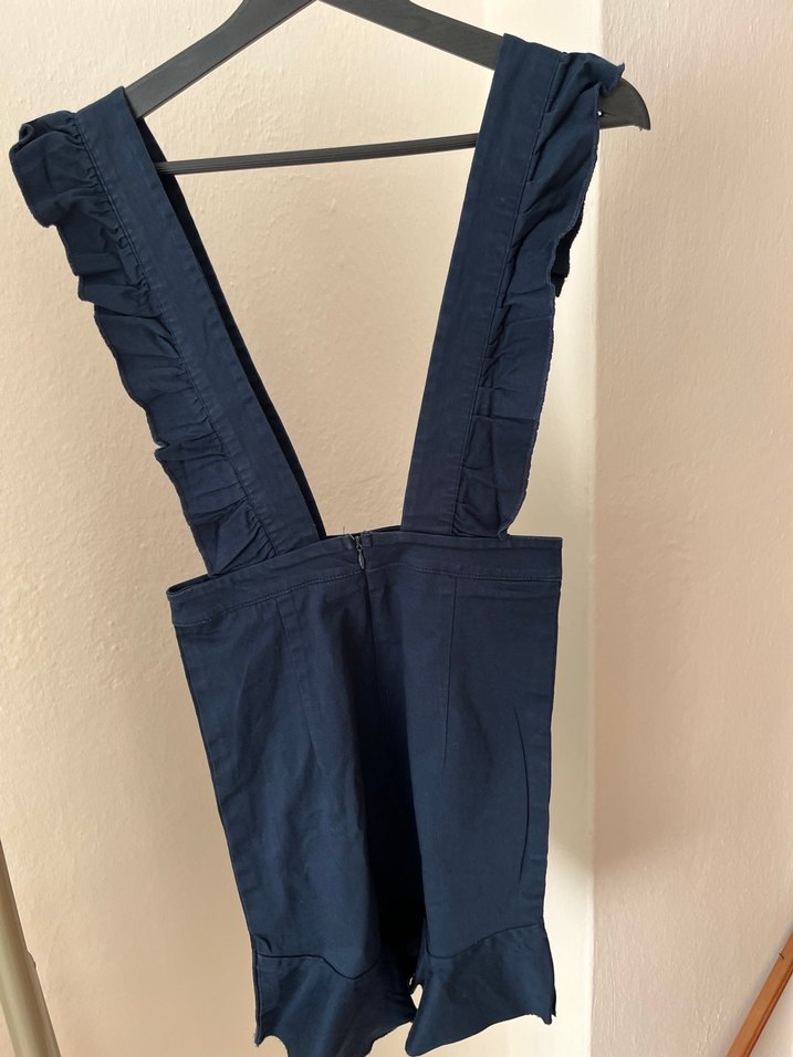 Kadın Lacivert Fırfırlı Askılı Midi Denim Salopet - Görsel 4