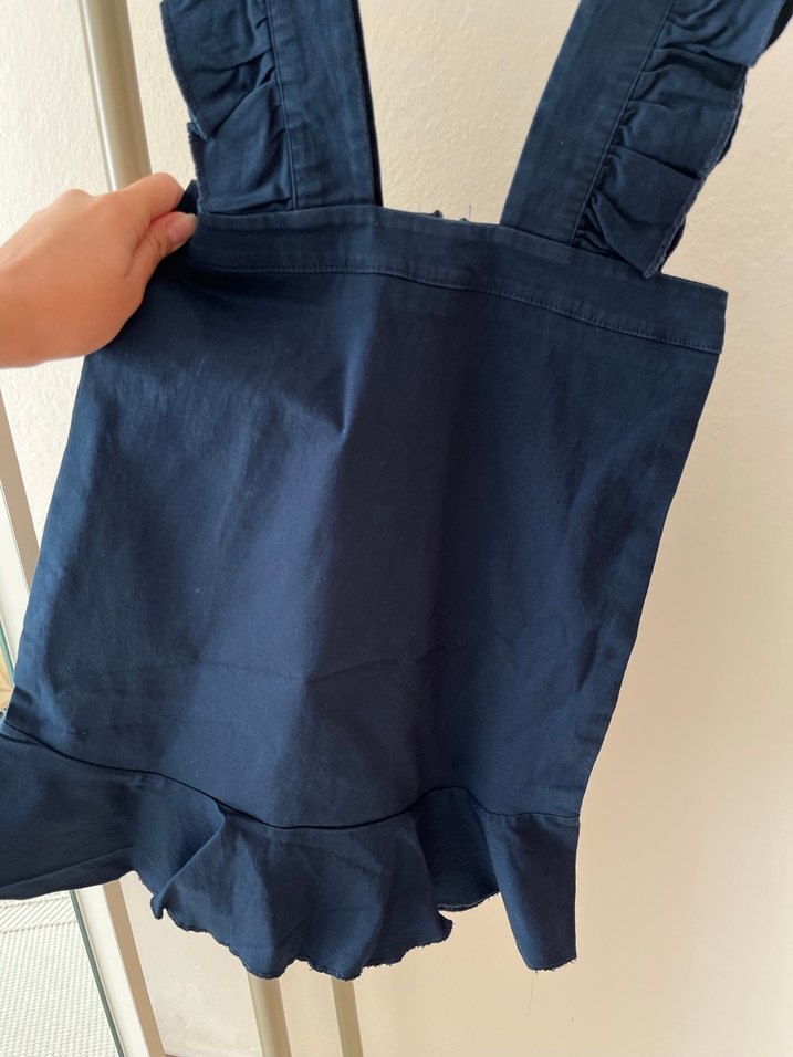 Kadın Lacivert Fırfırlı Askılı Midi Denim Salopet - Görsel 2