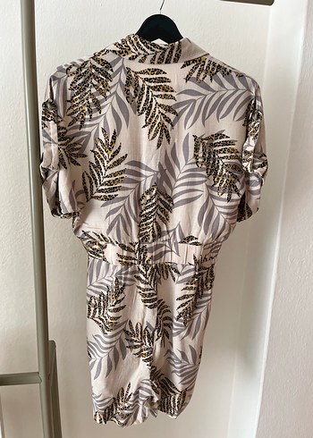 Bej Zebra Desenli Kısa Kollu Kadın Tulum - Görsel 4