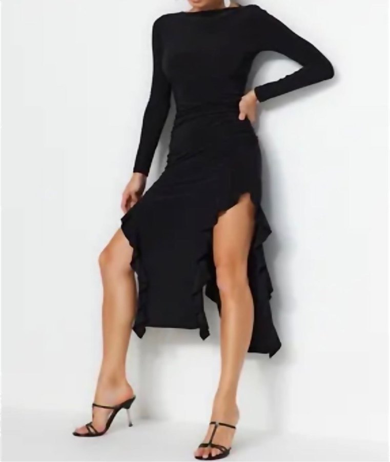 Uzun Siyah Drapeli Kadın Elbise - Görsel 4