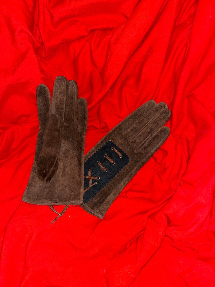 Kahverengi Süet Vakko Vintage Kadın Eldivenleri - Görsel 3