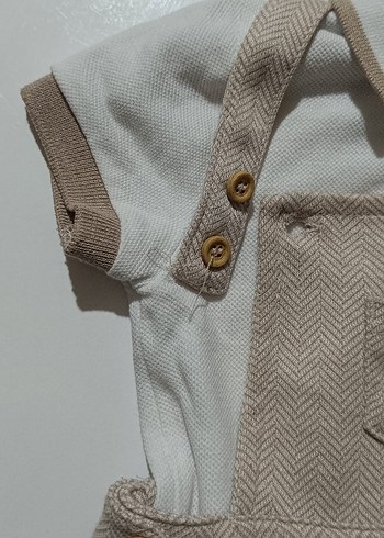 Bej Keten Düğmeli Erkek Bebek Tulum Seti - Görsel 3