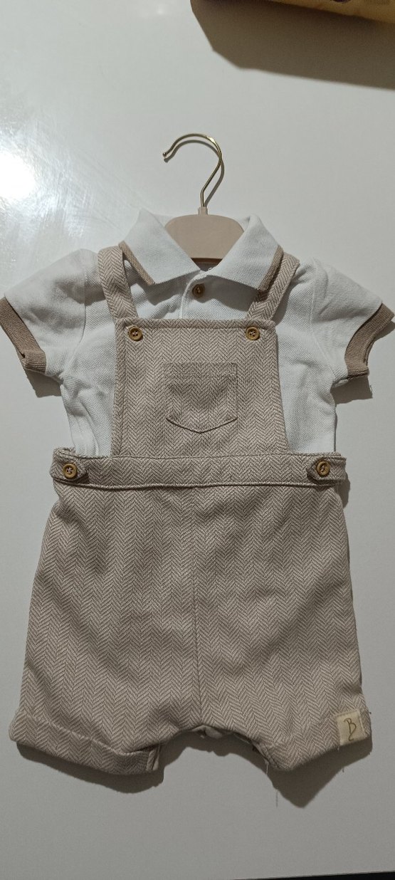 Bej Keten Düğmeli Erkek Bebek Tulum Seti - Görsel 2