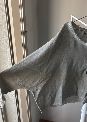 Gri Kadın Keten Uzun Kollu Bluz - Görsel 2