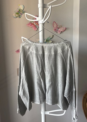 Gri Kadın Keten Uzun Kollu Bluz - Görsel 3