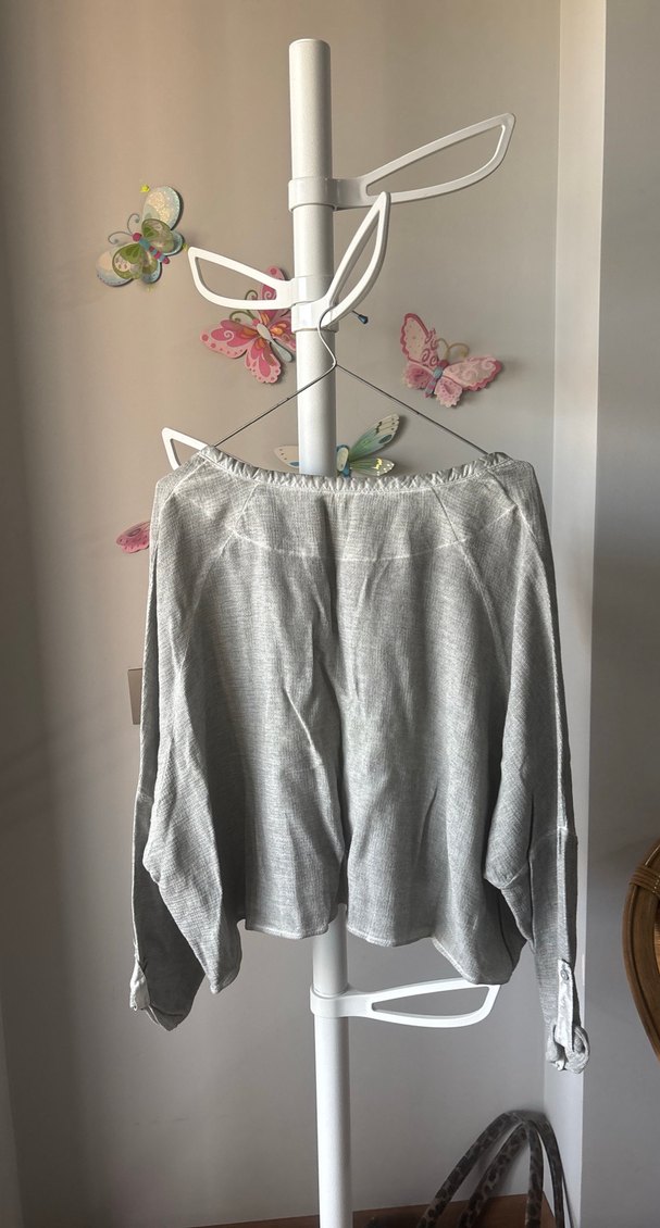 Gri Kadın Keten Uzun Kollu Bluz - Görsel 3